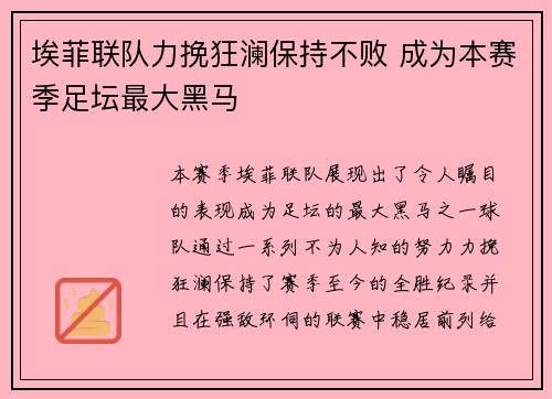 埃菲联队力挽狂澜保持不败 成为本赛季足坛最大黑马
